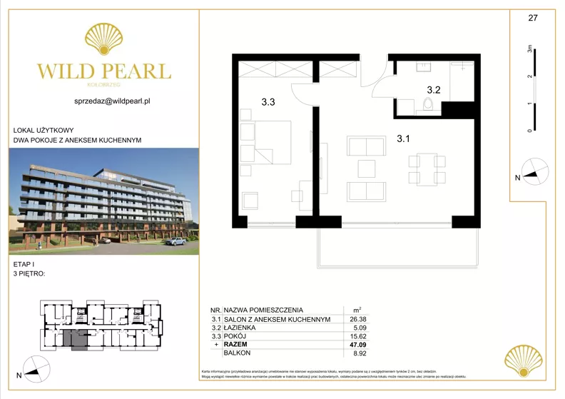 2 pokoje, lokal inwestycyjny 47,09 m², piętro 3, oferta nr 27, Wild Pearl, Kołobrzeg, ul. Jedności Narodowej 12D i 12 E