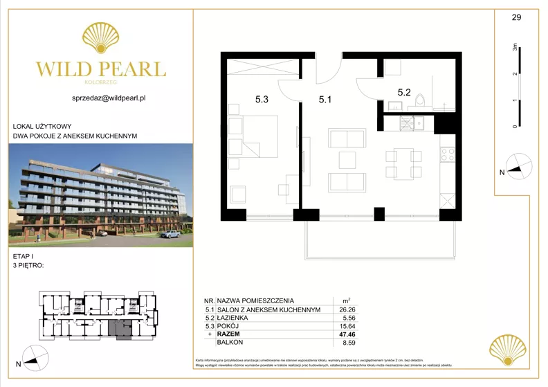 2 pokoje, lokal inwestycyjny 47,46 m², piętro 3, oferta nr 29, Wild Pearl, Kołobrzeg, ul. Jedności Narodowej 12D i 12 E