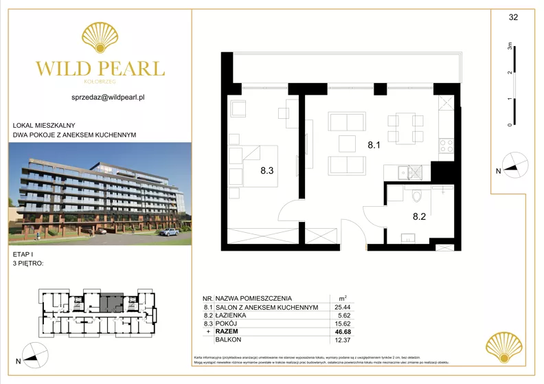 2 pokoje, mieszkanie 46,68 m², piętro 3, oferta nr 32, Wild Pearl, Kołobrzeg, ul. Jedności Narodowej 12D i 12 E