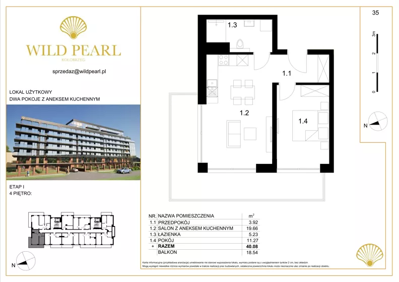 2 pokoje, lokal inwestycyjny 40,08 m², piętro 4, oferta nr 35, Wild Pearl, Kołobrzeg, ul. Jedności Narodowej 12D i 12 E