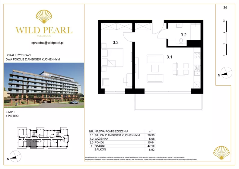 2 pokoje, lokal inwestycyjny 47,10 m², piętro 4, oferta nr 36, Wild Pearl, Kołobrzeg, ul. Jedności Narodowej 12D i 12 E