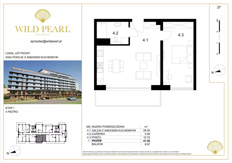 2 pokoje, lokal inwestycyjny 47,26 m², piętro 4, oferta nr 37, Wild Pearl, Kołobrzeg, ul. Jedności Narodowej 12D i 12 E