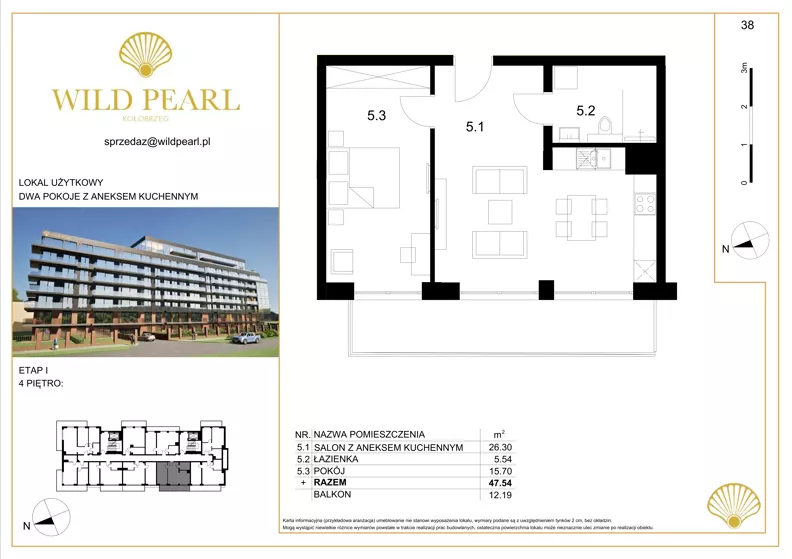2 pokoje, lokal inwestycyjny 47,54 m², piętro 4, oferta nr 38, Wild Pearl, Kołobrzeg, ul. Jedności Narodowej 12D i 12 E