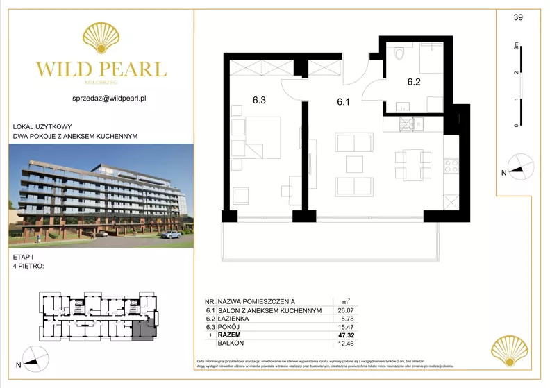 2 pokoje, lokal inwestycyjny 47,32 m², piętro 4, oferta nr 39, Wild Pearl, Kołobrzeg, ul. Jedności Narodowej 12D i 12 E
