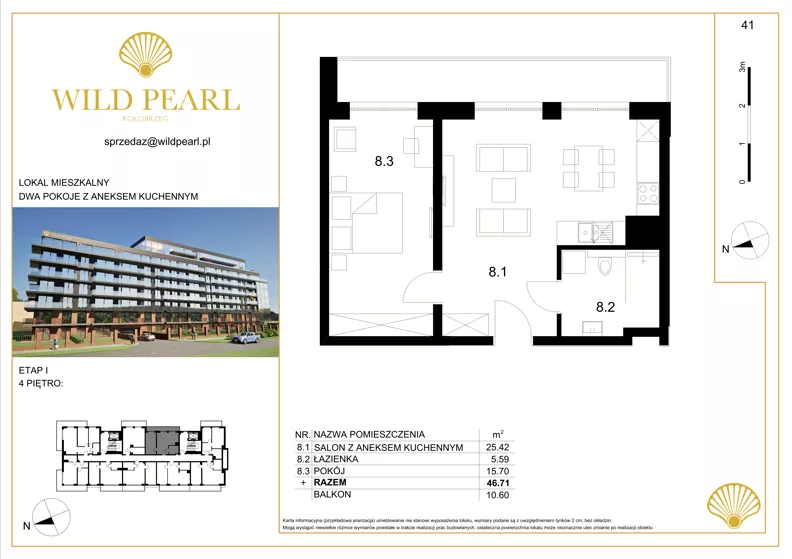 2 pokoje, mieszkanie 46,71 m², piętro 4, oferta nr 41, Wild Pearl, Kołobrzeg, ul. Jedności Narodowej 12D i 12 E