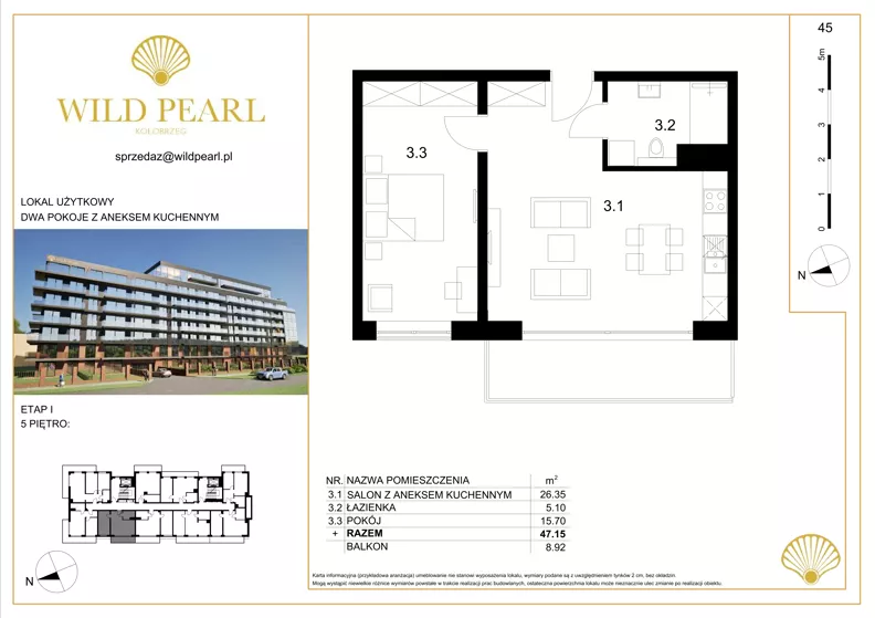 2 pokoje, lokal inwestycyjny 47,15 m², piętro 5, oferta nr 45, Wild Pearl, Kołobrzeg, ul. Jedności Narodowej 12D i 12 E