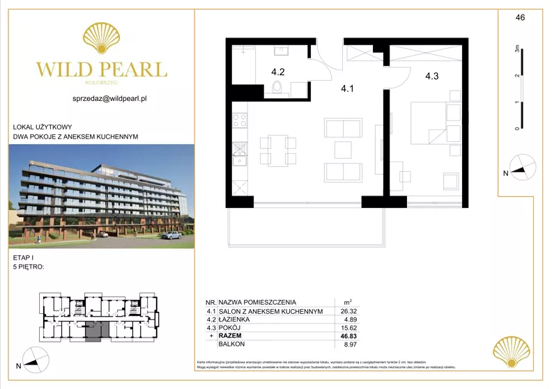 2 pokoje, lokal inwestycyjny 46,83 m², piętro 5, oferta nr 46, Wild Pearl, Kołobrzeg, ul. Jedności Narodowej 12D i 12 E