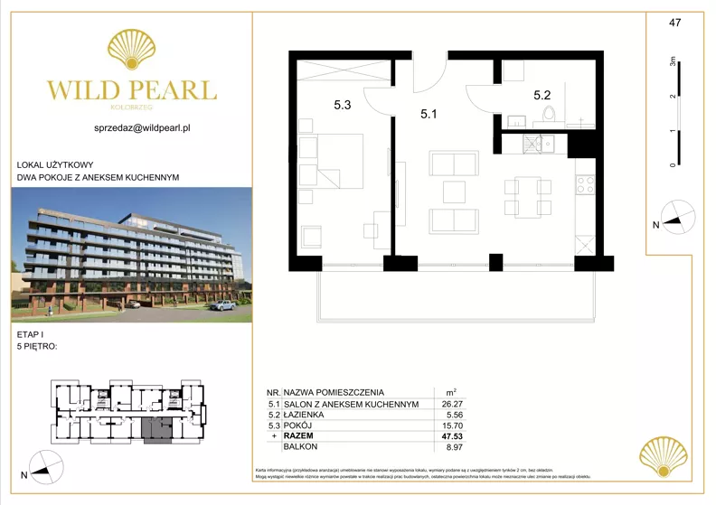 2 pokoje, lokal inwestycyjny 47,53 m², piętro 5, oferta nr 47, Wild Pearl, Kołobrzeg, ul. Jedności Narodowej 12D i 12 E