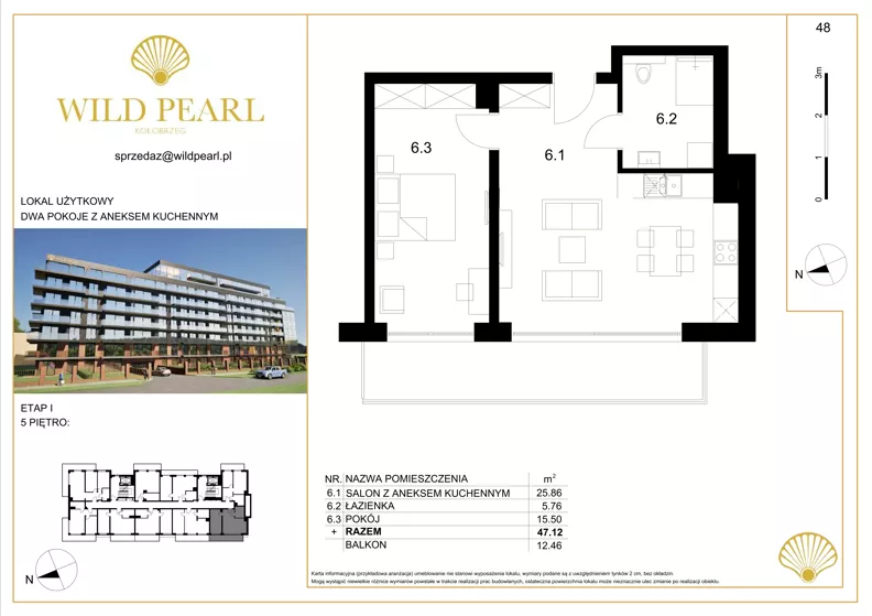 2 pokoje, lokal inwestycyjny 47,12 m², piętro 5, oferta nr 48, Wild Pearl, Kołobrzeg, ul. Jedności Narodowej 12D i 12 E