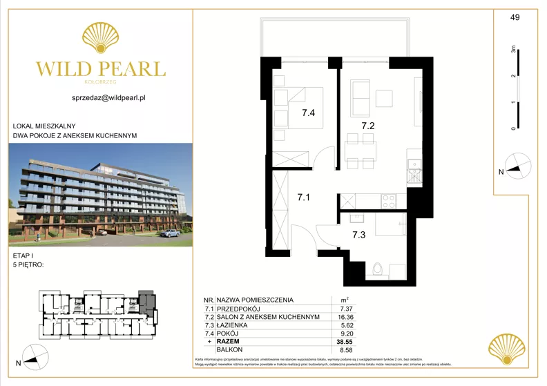2 pokoje, mieszkanie 38,55 m², piętro 5, oferta nr 49, Wild Pearl, Kołobrzeg, ul. Jedności Narodowej 12D i 12 E