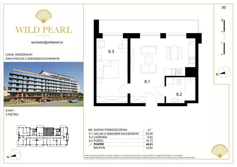 2 pokoje, mieszkanie 46,81 m², piętro 5, oferta nr 50, Wild Pearl, Kołobrzeg, ul. Jedności Narodowej 12D i 12 E