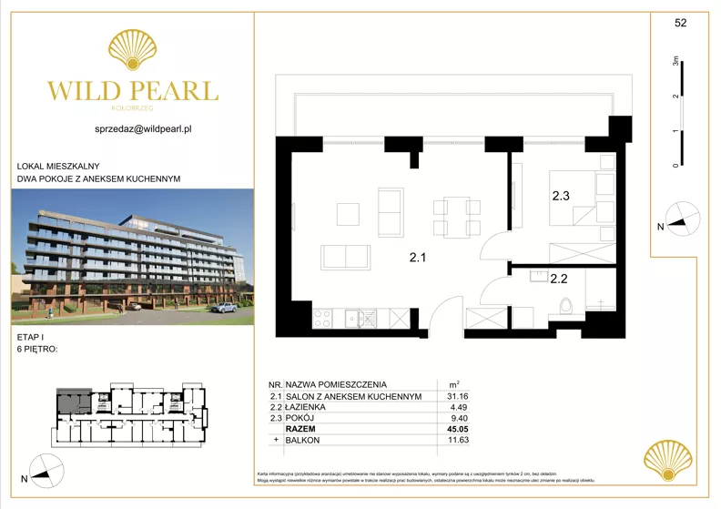 2 pokoje, mieszkanie 45,05 m², piętro 6, oferta nr 52, Wild Pearl, Kołobrzeg, ul. Jedności Narodowej 12D i 12 E