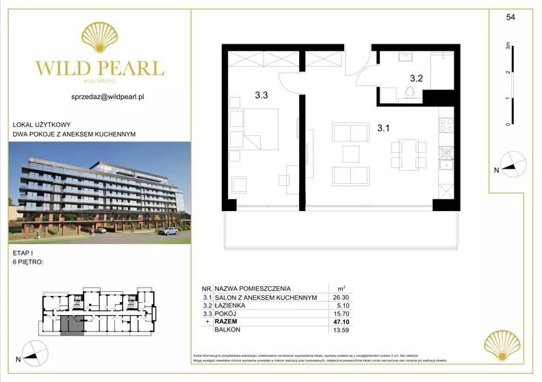 2 pokoje, lokal inwestycyjny 46,84 m², piętro 6, oferta nr 54, Wild Pearl, Kołobrzeg, ul. Jedności Narodowej 12D i 12 E