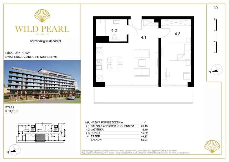 2 pokoje, lokal inwestycyjny 46,84 m², piętro 6, oferta nr 55, Wild Pearl, Kołobrzeg, ul. Jedności Narodowej 12D i 12 E
