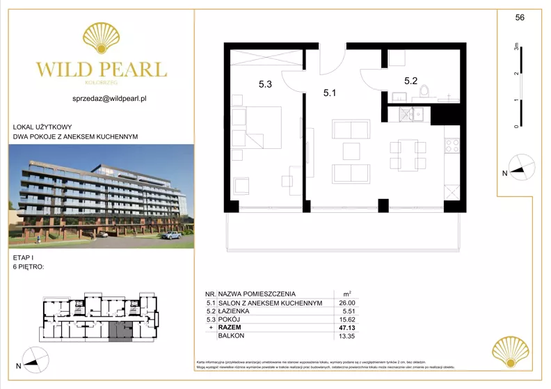 2 pokoje, lokal inwestycyjny 46,90 m², piętro 6, oferta nr 56, Wild Pearl, Kołobrzeg, ul. Jedności Narodowej 12D i 12 E