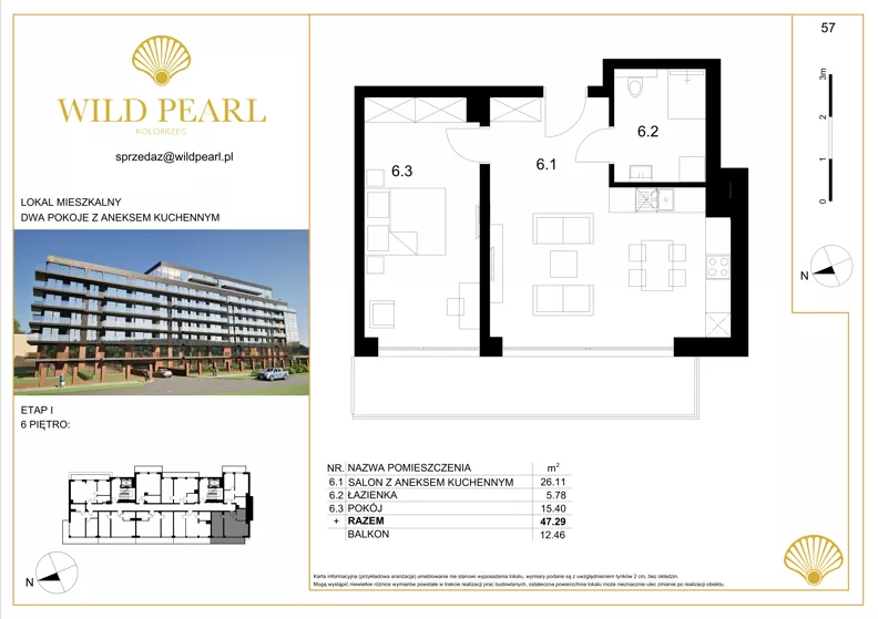 2 pokoje, mieszkanie 47,11 m², piętro 6, oferta nr 57, Wild Pearl, Kołobrzeg, ul. Jedności Narodowej 12D i 12 E
