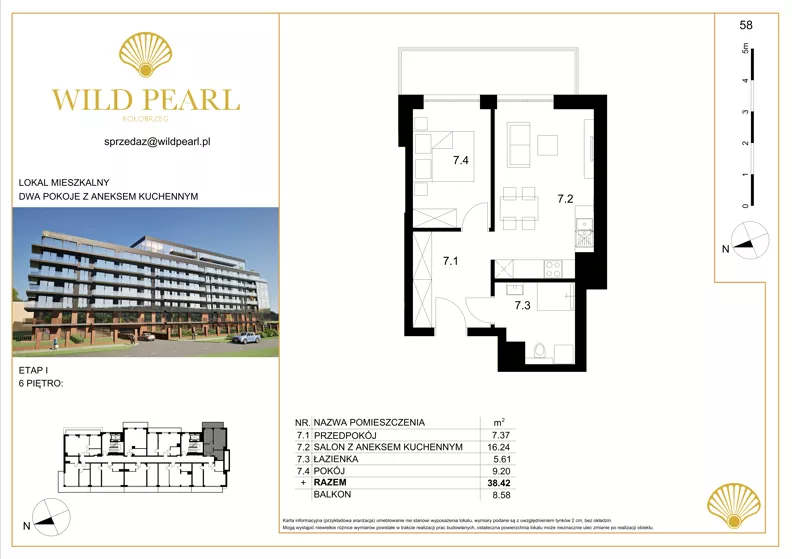 2 pokoje, mieszkanie 38,42 m², piętro 6, oferta nr 58, Wild Pearl, Kołobrzeg, ul. Jedności Narodowej 12D i 12 E
