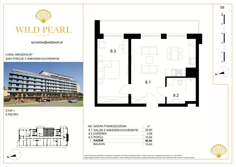 2 pokoje, mieszkanie 46,80 m², piętro 6, oferta nr 59, Wild Pearl, Kołobrzeg, ul. Jedności Narodowej 12D i 12 E