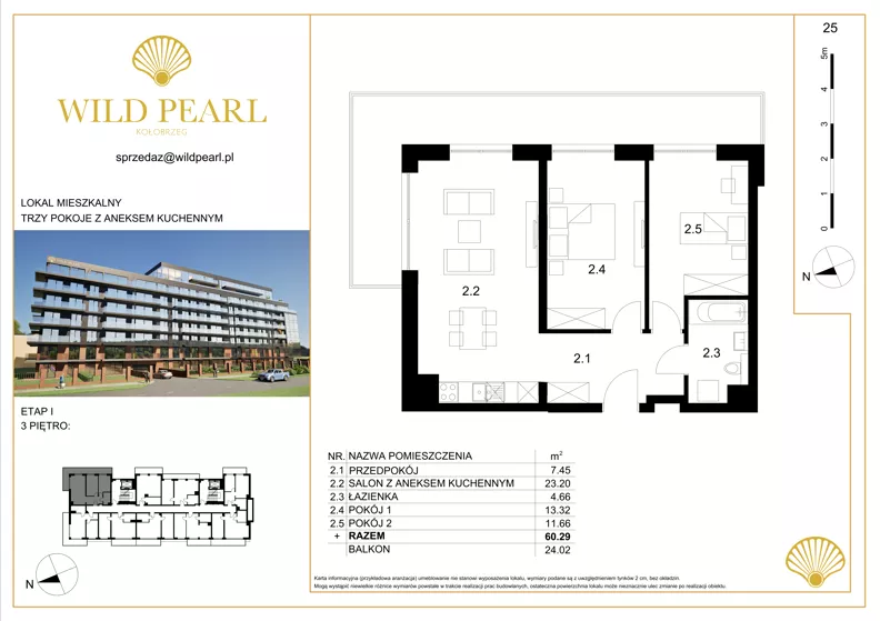 3 pokoje, mieszkanie 60,29 m², piętro 3, oferta nr 25, Wild Pearl, Kołobrzeg, ul. Jedności Narodowej 12D i 12 E