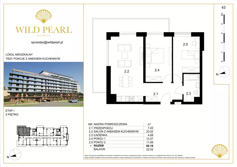 3 pokoje, mieszkanie 60,18 m², piętro 5, oferta nr 43, Wild Pearl, Kołobrzeg, ul. Jedności Narodowej 12D i 12 E