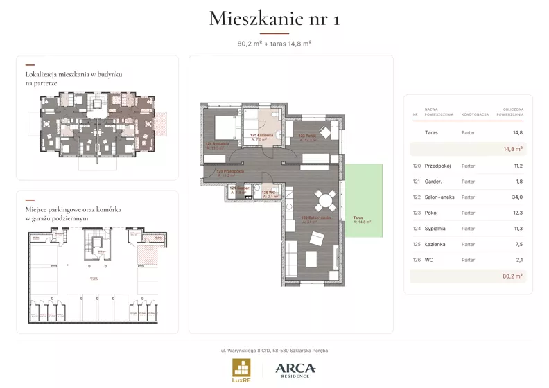 3 pokoje, apartament 80,20 m², parter, oferta nr 1, Arca Residence, Szklarska Poręba, ul. Waryńskiego 8 C/D