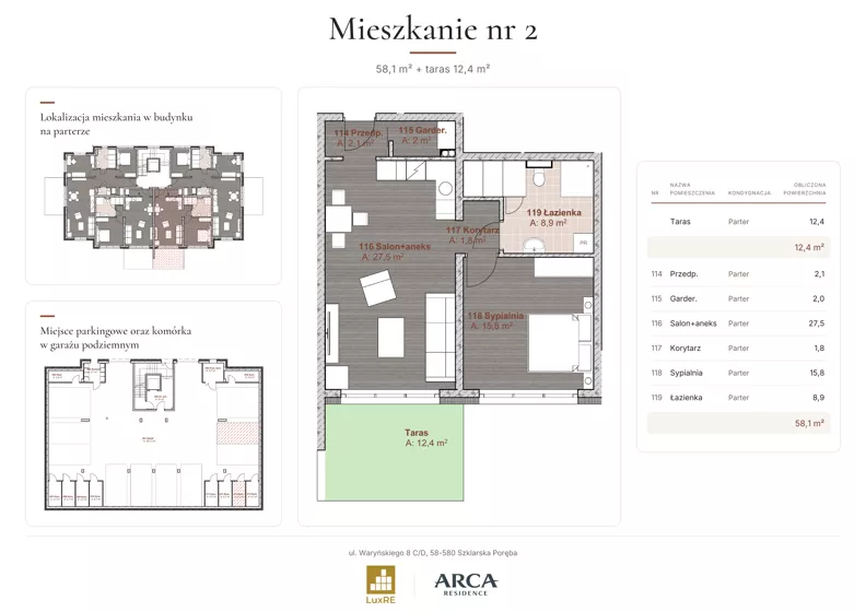2 pokoje, apartament 58,10 m², parter, oferta nr 2, Arca Residence, Szklarska Poręba, ul. Waryńskiego 8 C/D