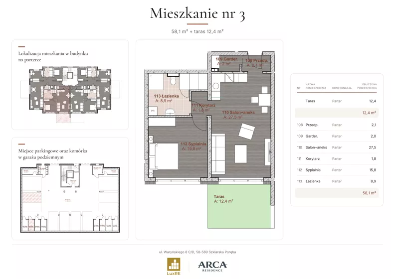 2 pokoje, apartament 58,10 m², parter, oferta nr 3, Arca Residence, Szklarska Poręba, ul. Waryńskiego 8 C/D