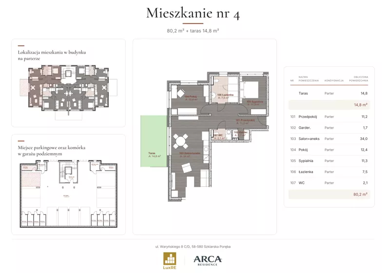 3 pokoje, apartament 80,20 m², parter, oferta nr 4, Arca Residence, Szklarska Poręba, ul. Waryńskiego 8 C/D