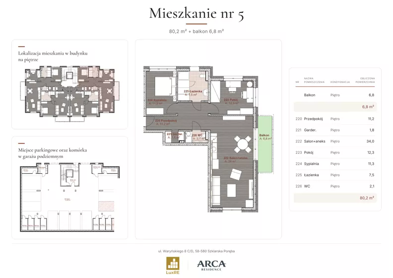 3 pokoje, apartament 80,20 m², piętro 1, oferta nr 5, Arca Residence, Szklarska Poręba, ul. Waryńskiego 8 C/D