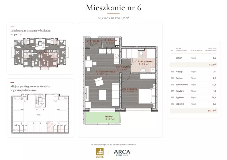 2 pokoje, apartament 56,70 m², piętro 1, oferta nr 6, Arca Residence, Szklarska Poręba, ul. Waryńskiego 8 C/D