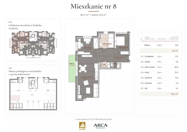 3 pokoje, apartament 80,20 m², piętro 1, oferta nr 8, Arca Residence, Szklarska Poręba, ul. Waryńskiego 8 C/D