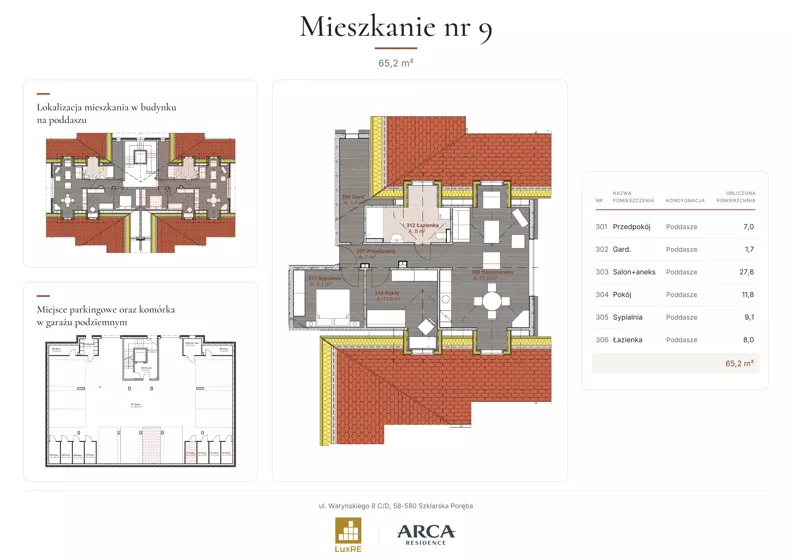 3 pokoje, apartament 65,20 m², piętro 2, oferta nr 9, Arca Residence, Szklarska Poręba, ul. Waryńskiego 8 C/D