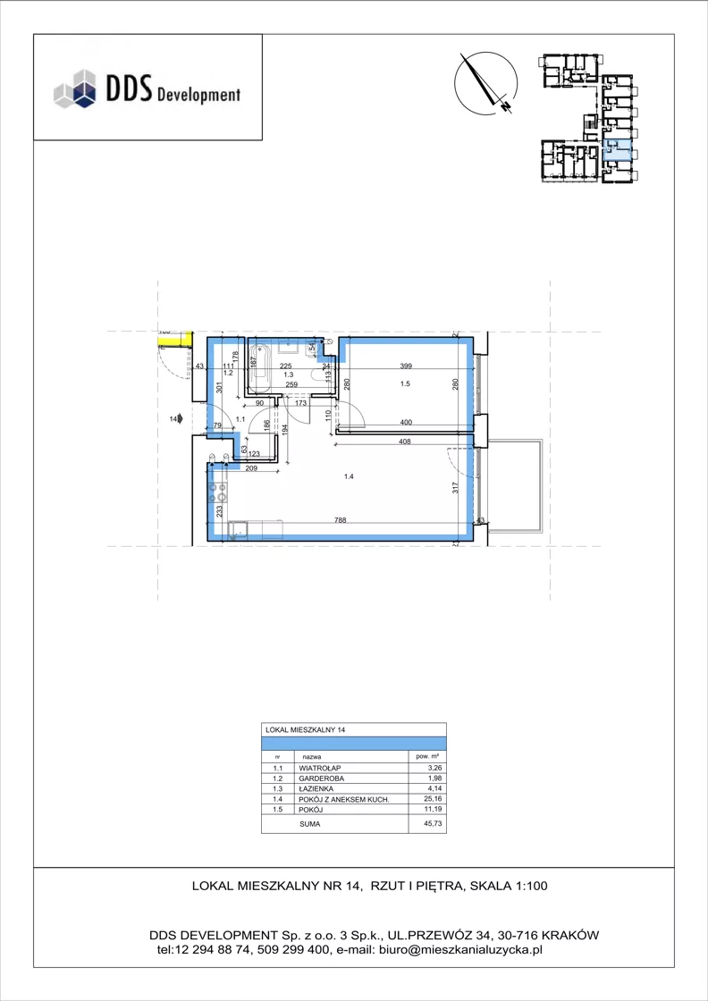 2 pokoje, mieszkanie 45,73 m², piętro 1, oferta nr M 14, Łużycka 71, Kraków, Podgórze Duchackie, ul. Łużycka 71