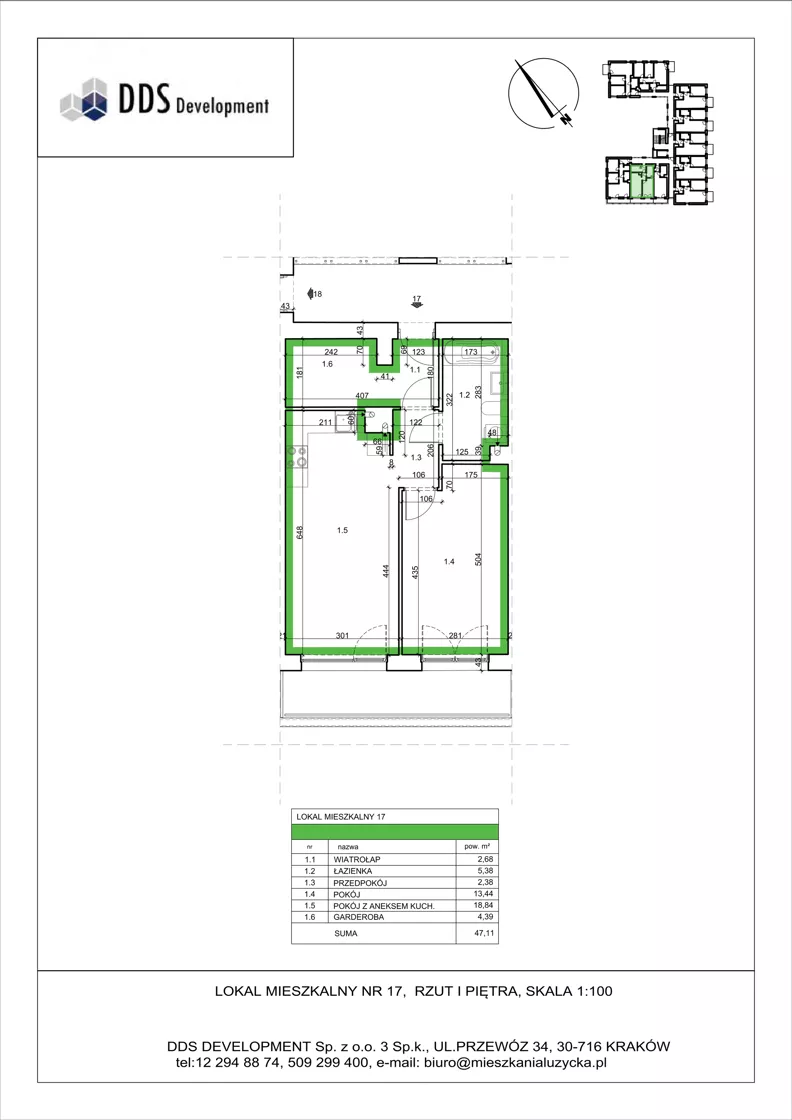 2 pokoje, mieszkanie 47,11 m², piętro 1, oferta nr M 17, Łużycka 71, Kraków, Podgórze Duchackie, ul. Łużycka 71