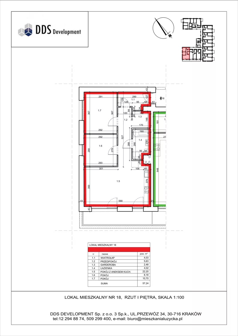 3 pokoje, mieszkanie 57,24 m², piętro 1, oferta nr M 18, Łużycka 71, Kraków, Podgórze Duchackie, ul. Łużycka 71
