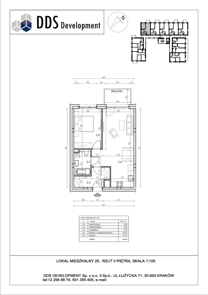 2 pokoje, mieszkanie 45,53 m², piętro 2, oferta nr M 25, Łużycka 71, Kraków, Podgórze Duchackie, ul. Łużycka 71
