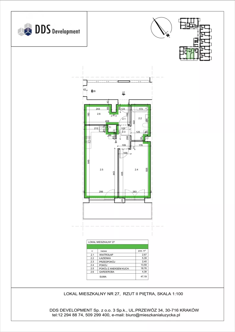 2 pokoje, mieszkanie 47,19 m², piętro 2, oferta nr M 27, Łużycka 71, Kraków, Podgórze Duchackie, ul. Łużycka 71