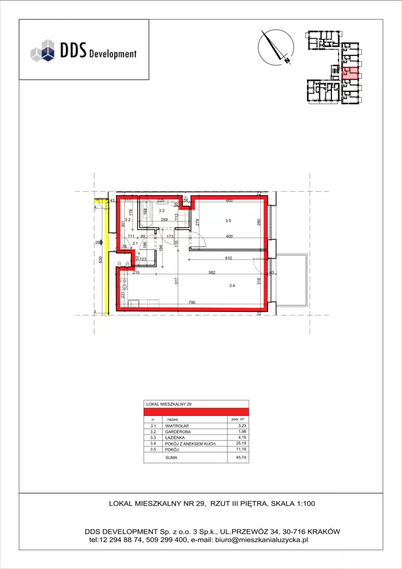 2 pokoje, mieszkanie 45,74 m², piętro 3, oferta nr M 29, Łużycka 71, Kraków, Podgórze Duchackie, ul. Łużycka 71