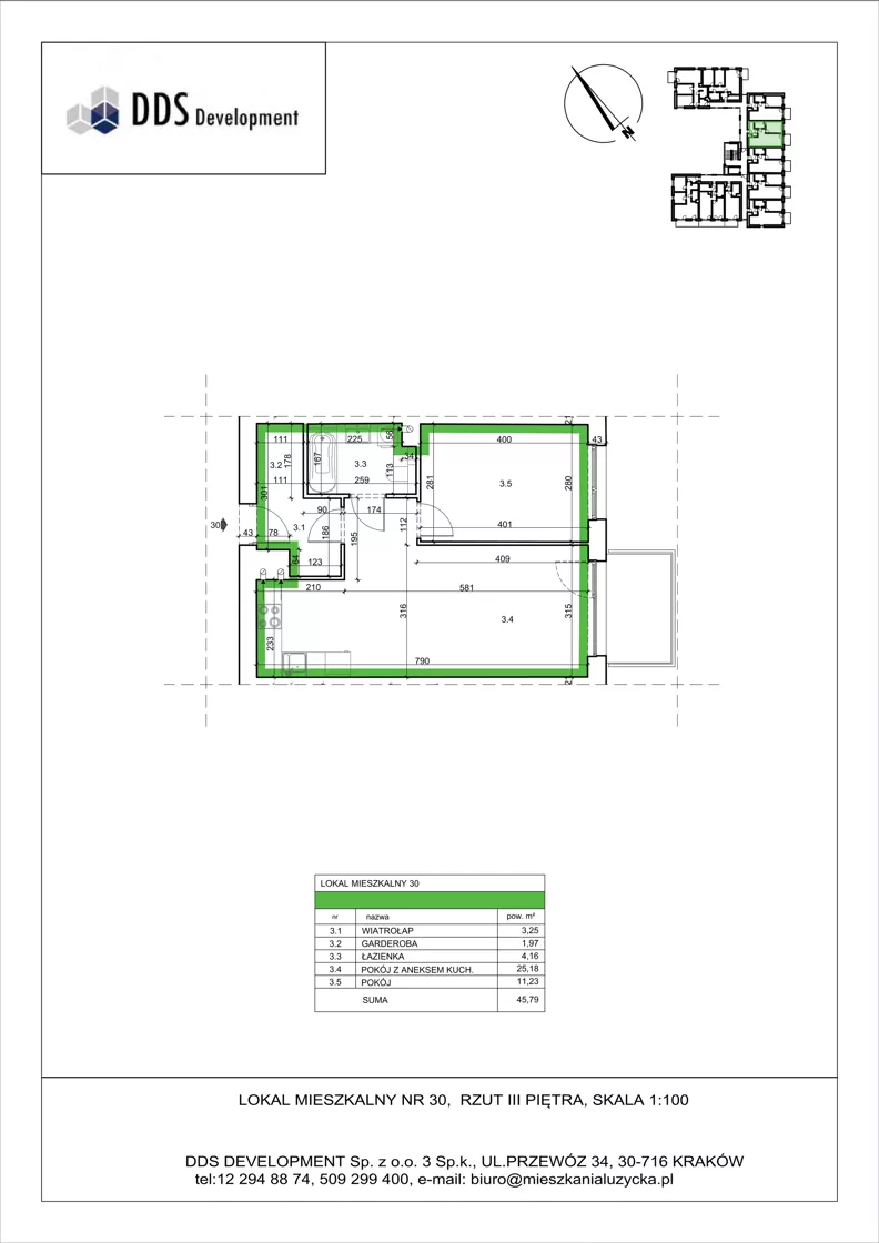 2 pokoje, mieszkanie 45,79 m², piętro 3, oferta nr M 30, Łużycka 71, Kraków, Podgórze Duchackie, ul. Łużycka 71