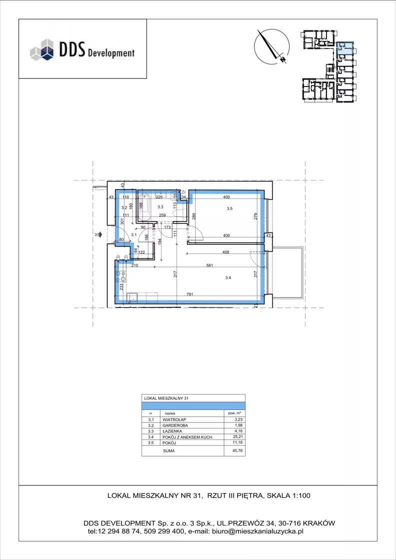 2 pokoje, mieszkanie 45,76 m², piętro 3, oferta nr M 31, Łużycka 71, Kraków, Podgórze Duchackie, ul. Łużycka 71