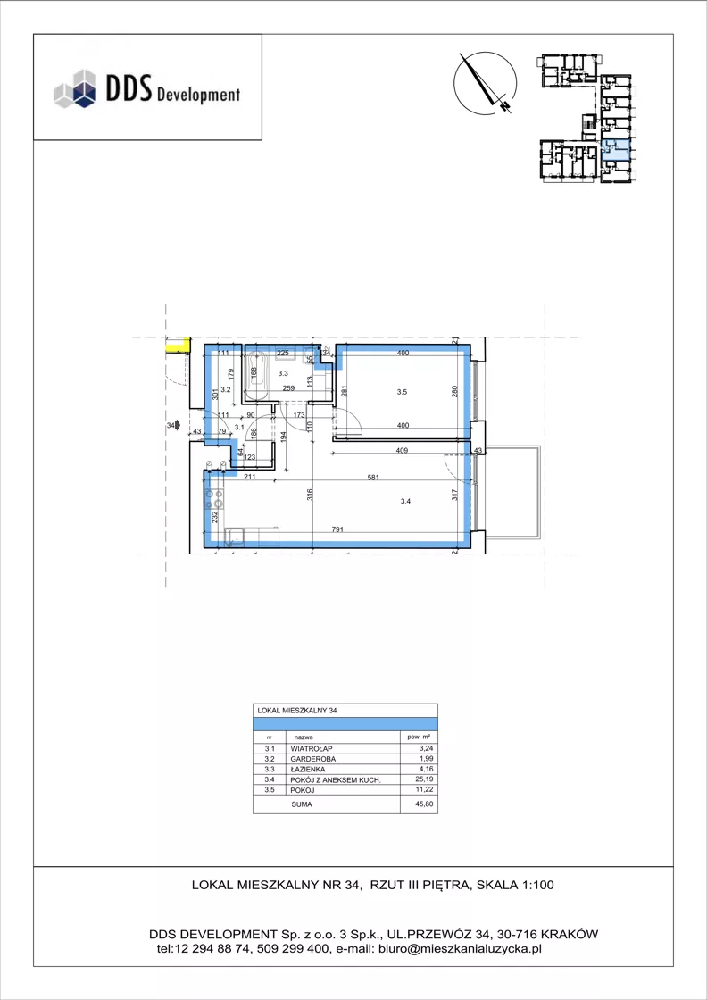 2 pokoje, mieszkanie 45,80 m², piętro 3, oferta nr M 34, Łużycka 71, Kraków, Podgórze Duchackie, ul. Łużycka 71