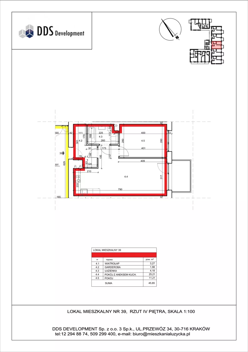 2 pokoje, mieszkanie 45,85 m², piętro 4, oferta nr M 39, Łużycka 71, Kraków, Podgórze Duchackie, ul. Łużycka 71
