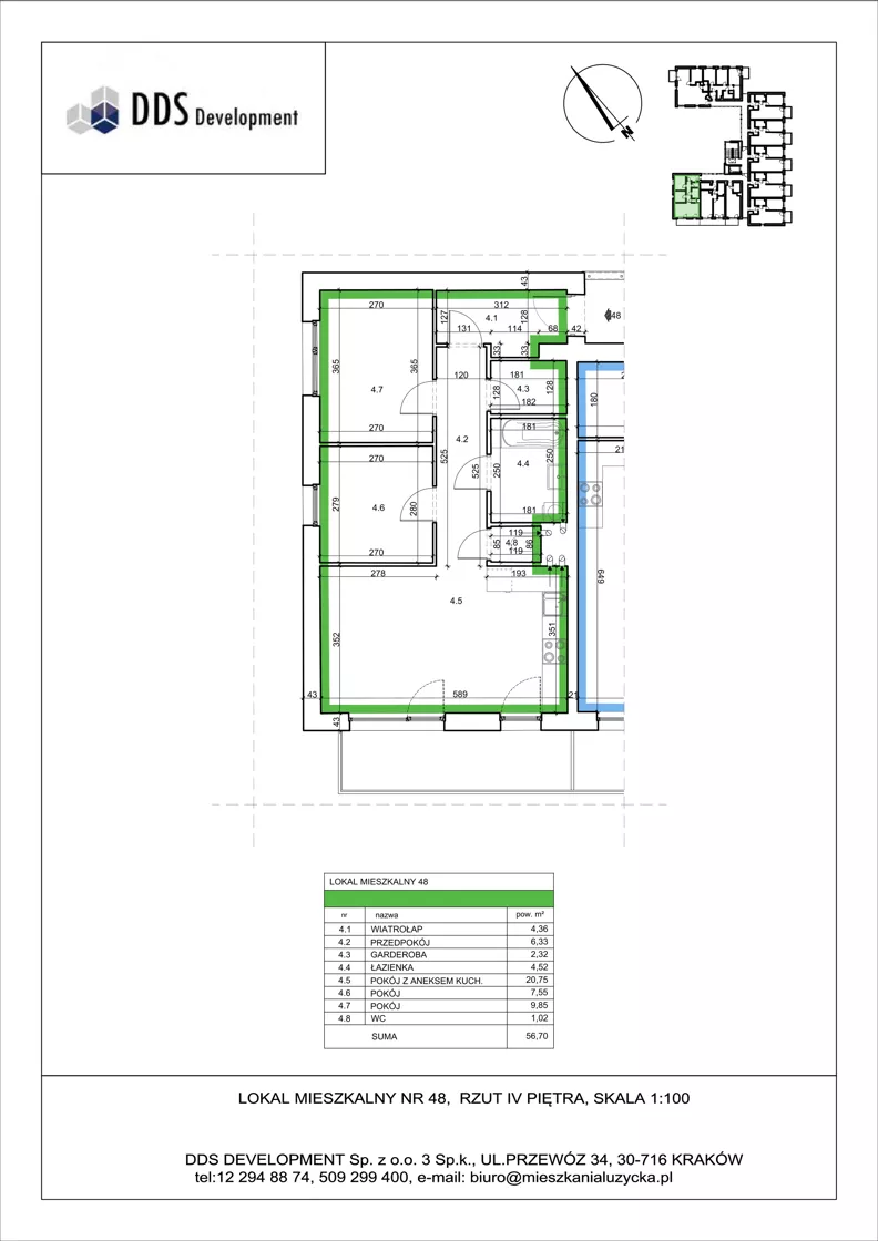3 pokoje, mieszkanie 56,70 m², piętro 4, oferta nr M 48, Łużycka 71, Kraków, Podgórze Duchackie, ul. Łużycka 71