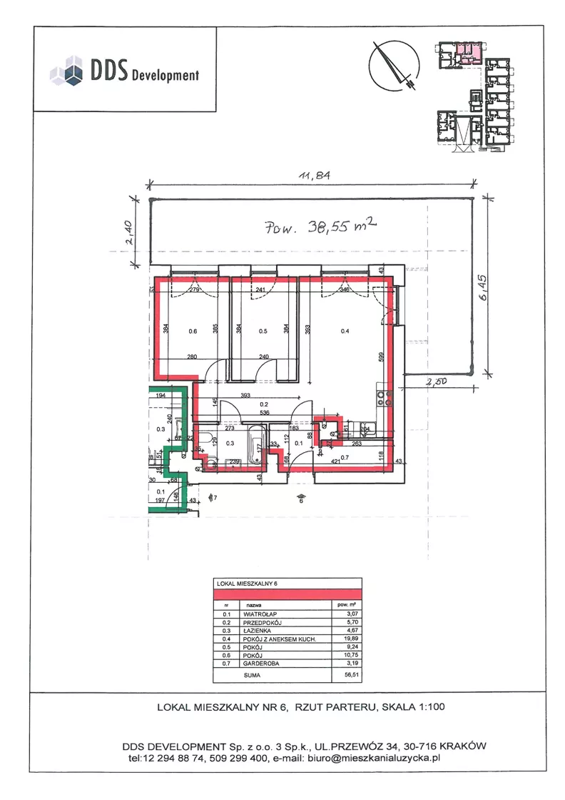 3 pokoje, mieszkanie 56,51 m², parter, oferta nr M 06, Łużycka 71, Kraków, Podgórze Duchackie, ul. Łużycka 71