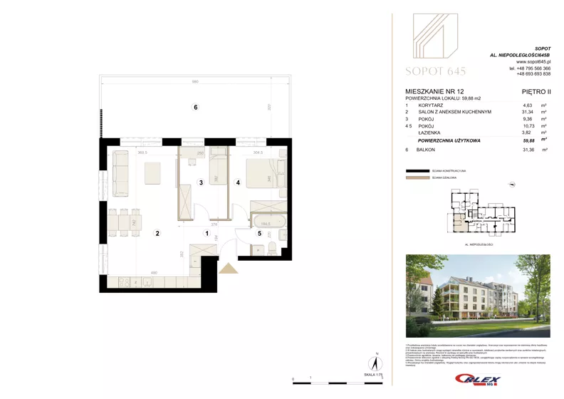 3 pokoje, apartament 59,88 m², piętro 2, oferta nr M12, Sopot 645, Sopot, Świemirowo, ul. Aleja Niepodległości 645B
