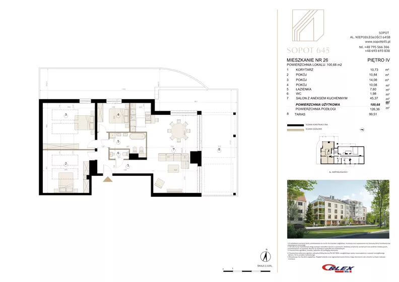 3 pokoje, apartament 100,68 m², piętro 4, oferta nr M26, Sopot 645, Sopot, Świemirowo, ul. Aleja Niepodległości 645B