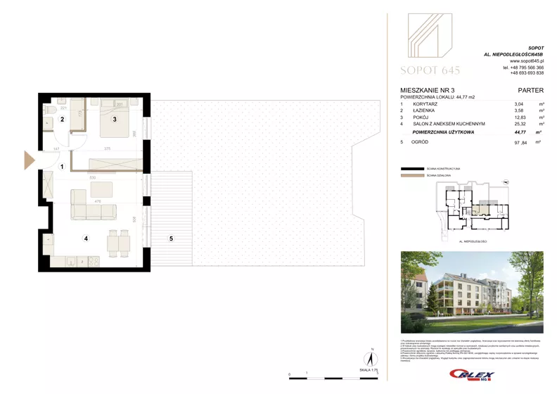 2 pokoje, apartament 44,77 m², parter, oferta nr M3, Sopot 645, Sopot, Świemirowo, ul. Aleja Niepodległości 645B
