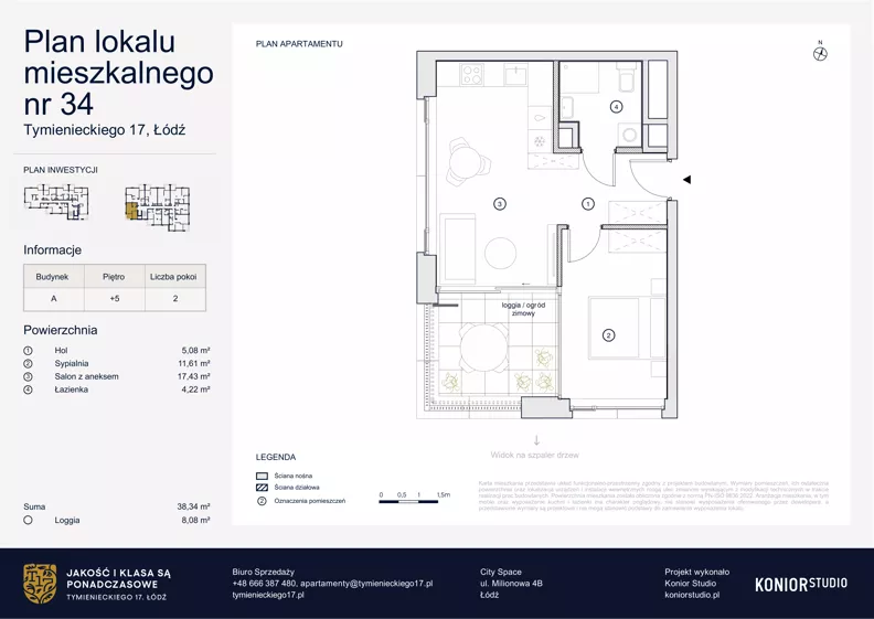 2 pokoje, apartament 38,34 m², piętro 5, oferta nr A.34, Tymienieckiego 17, Łódź, Widzew, ul. Tymienieckiego 17
