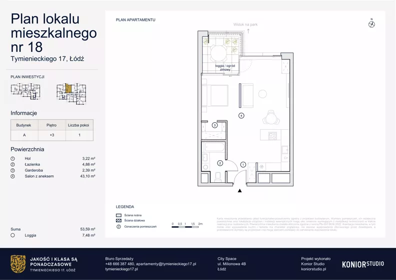 2 pokoje, apartament 53,59 m², piętro 3, oferta nr A.18, Tymienieckiego 17, Łódź, Widzew, ul. Tymienieckiego 17