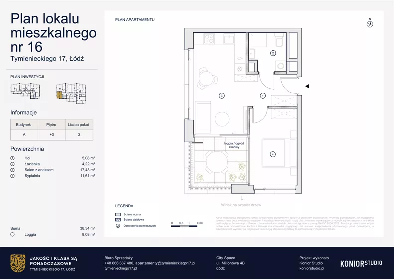 2 pokoje, apartament 38,34 m², piętro 3, oferta nr A.16, Tymienieckiego 17, Łódź, Widzew, ul. Tymienieckiego 17